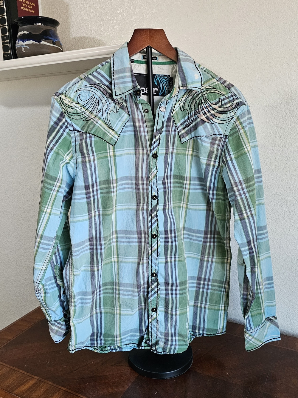 Roar Signature Rockabilly Long Sleeve Plaid Shirt, Men's Medium Green Stitched